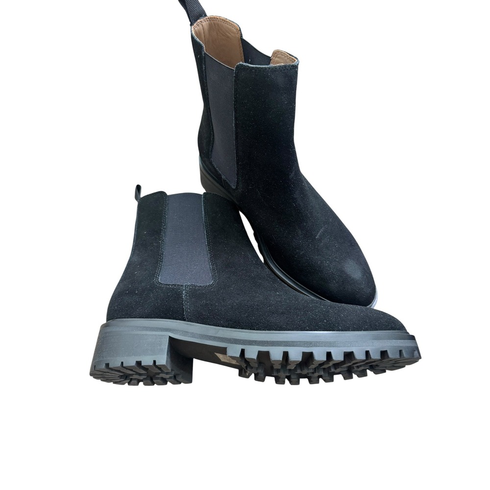 Quince Black Suede Lug Sole Chelsea Boots Ankle Booties Pull On Chunky Heel‎
